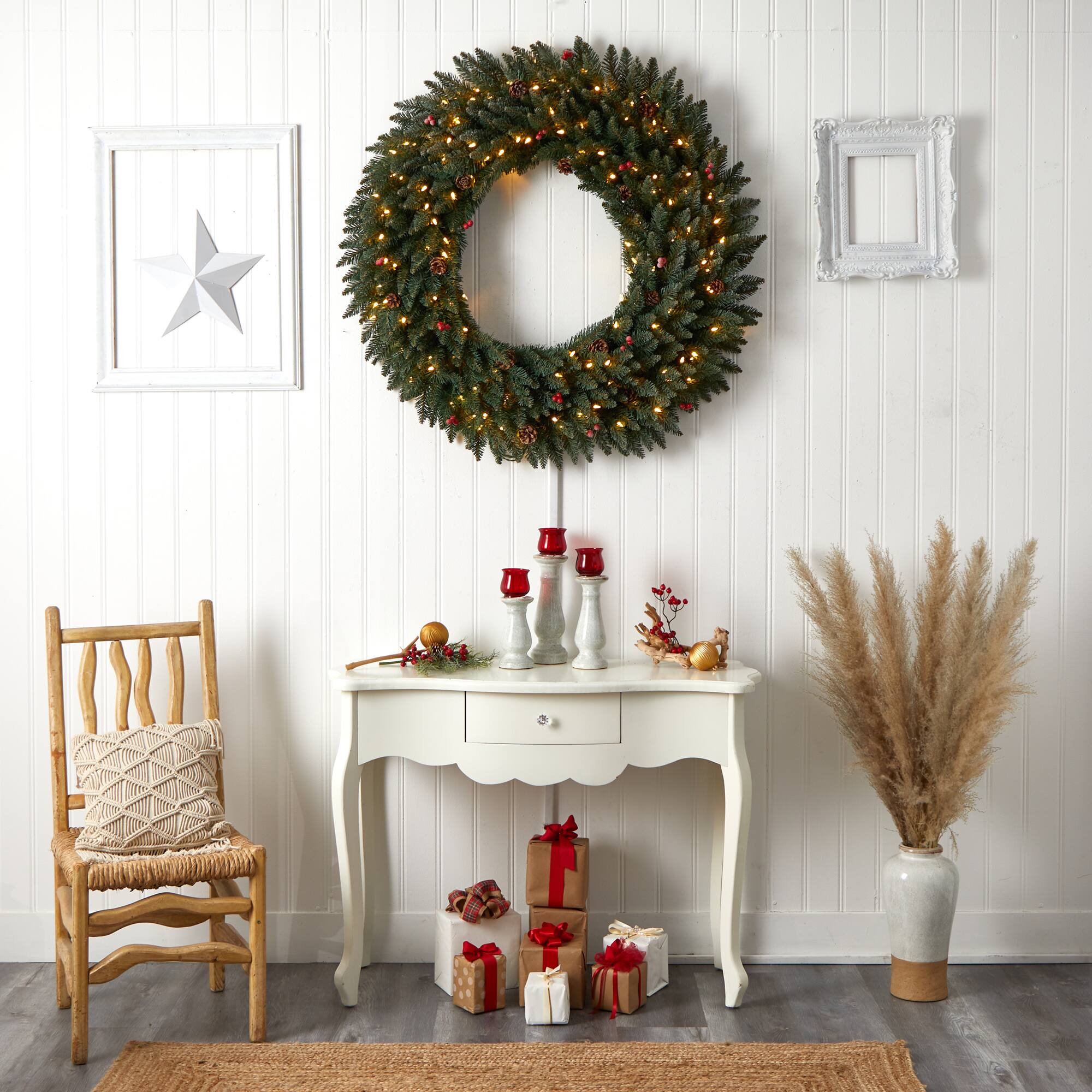 4ft. Clear LED Lights Flocked Artificial Christmas Wreath With Pinecones & Berries